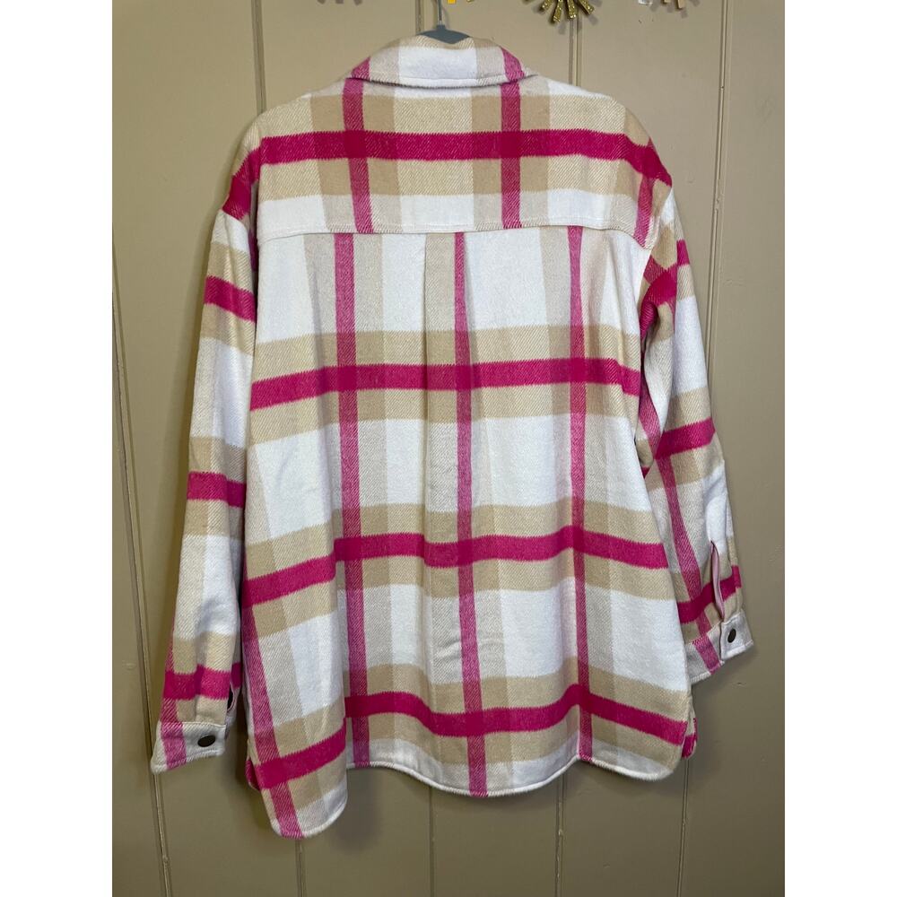 Monrow Plaid Flannel Shacket Jacket Size XL Fuchsia, Natural, Cream - Picture 3 of 5